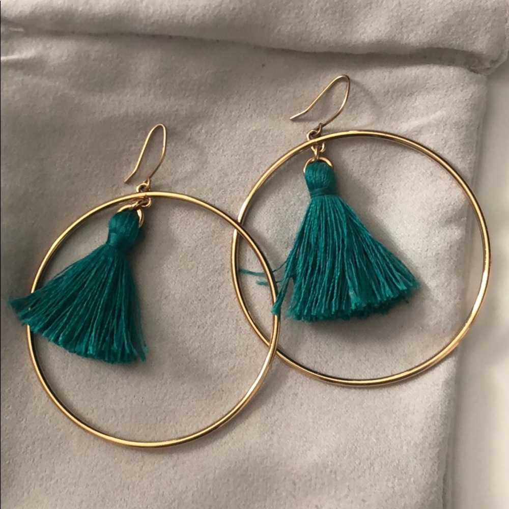 J Crew gold earrings with turquoise fringe